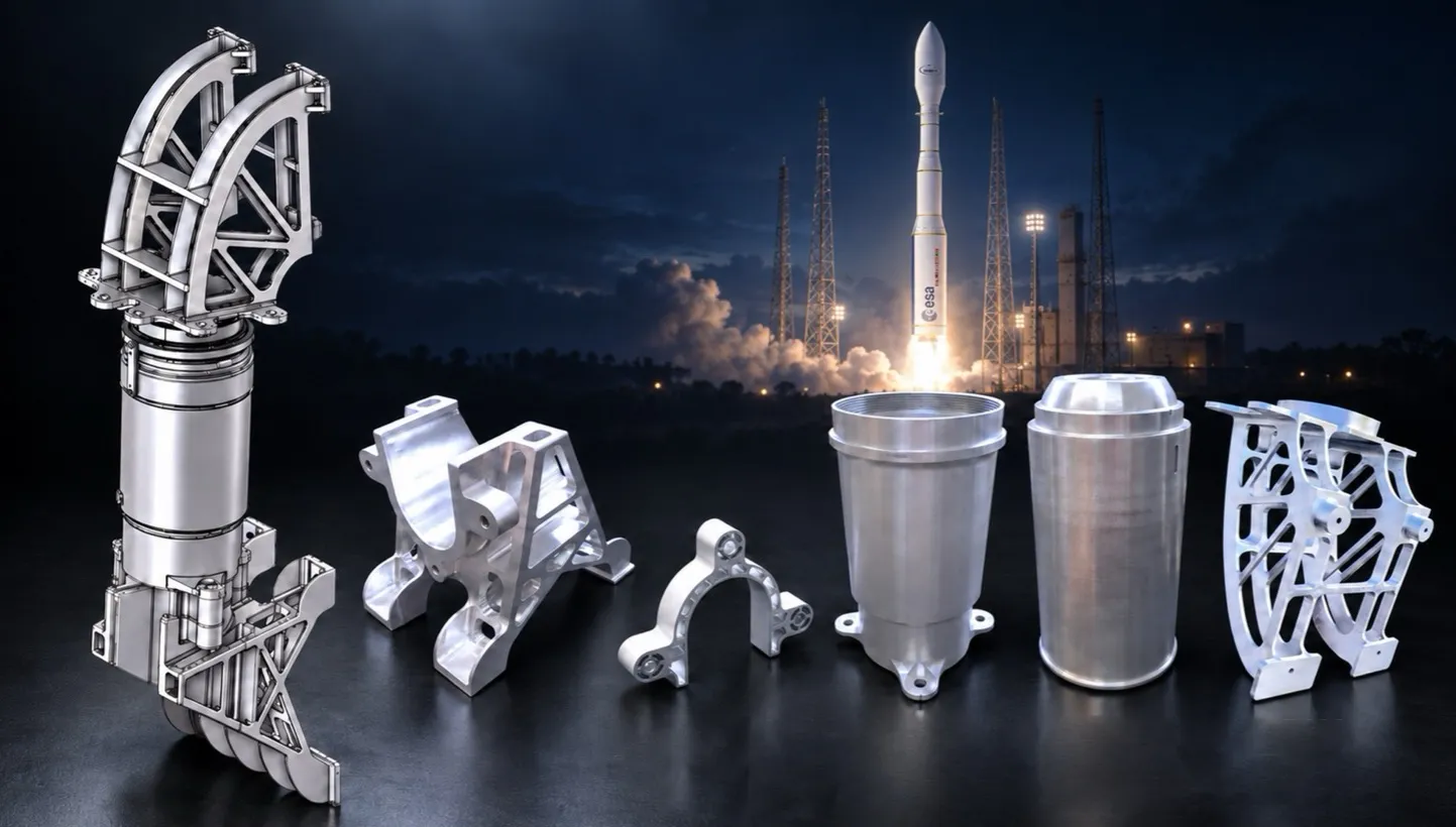 Machined metal aerospace parts arranged in front of a night rocket launch, the rocket in ESA livery. Composite image published by the company.